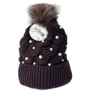 Women Ladies Winter Knitted Pom Pom Beanie Brown H‎